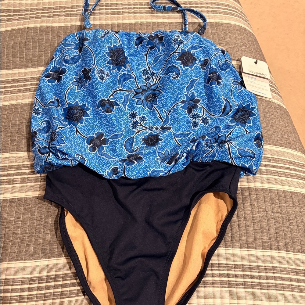NWT Dolphin Brand Blue Floral Aquatic Fitness Swimsuit Women’s Size 8